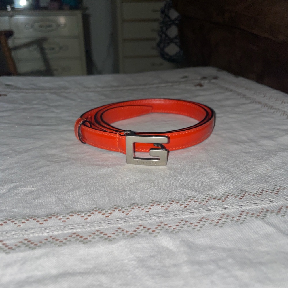 Vintage Gucci Tangerine Orange Belt with Silver Buckle size 65/26- Authentic
